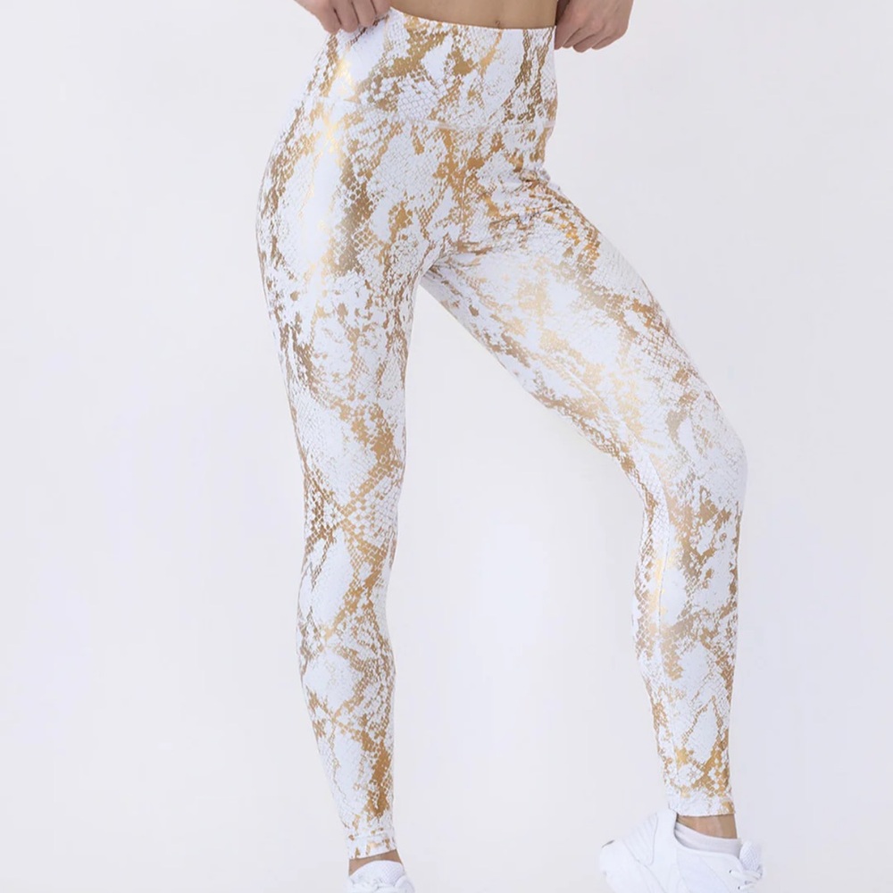 Carbon38 White and Gold Metallic Snake Print Leggings